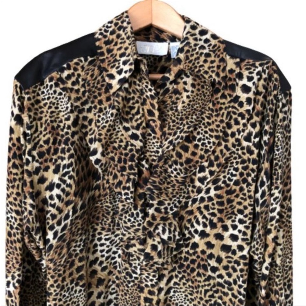 NWT 100% Silk + Leather Leopard Ruffled Vtg Top - Picture 7 of 14
